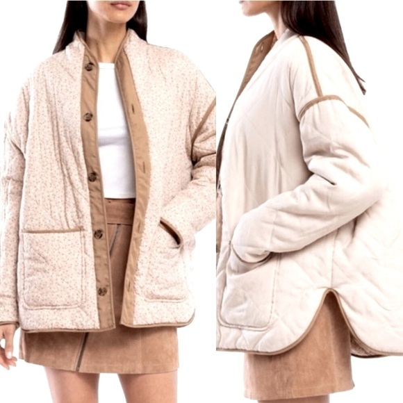 Blank NYC Oversized Quilted Reversible Button Up Floral Jacket Beige Coat - Picture 1 of 16
